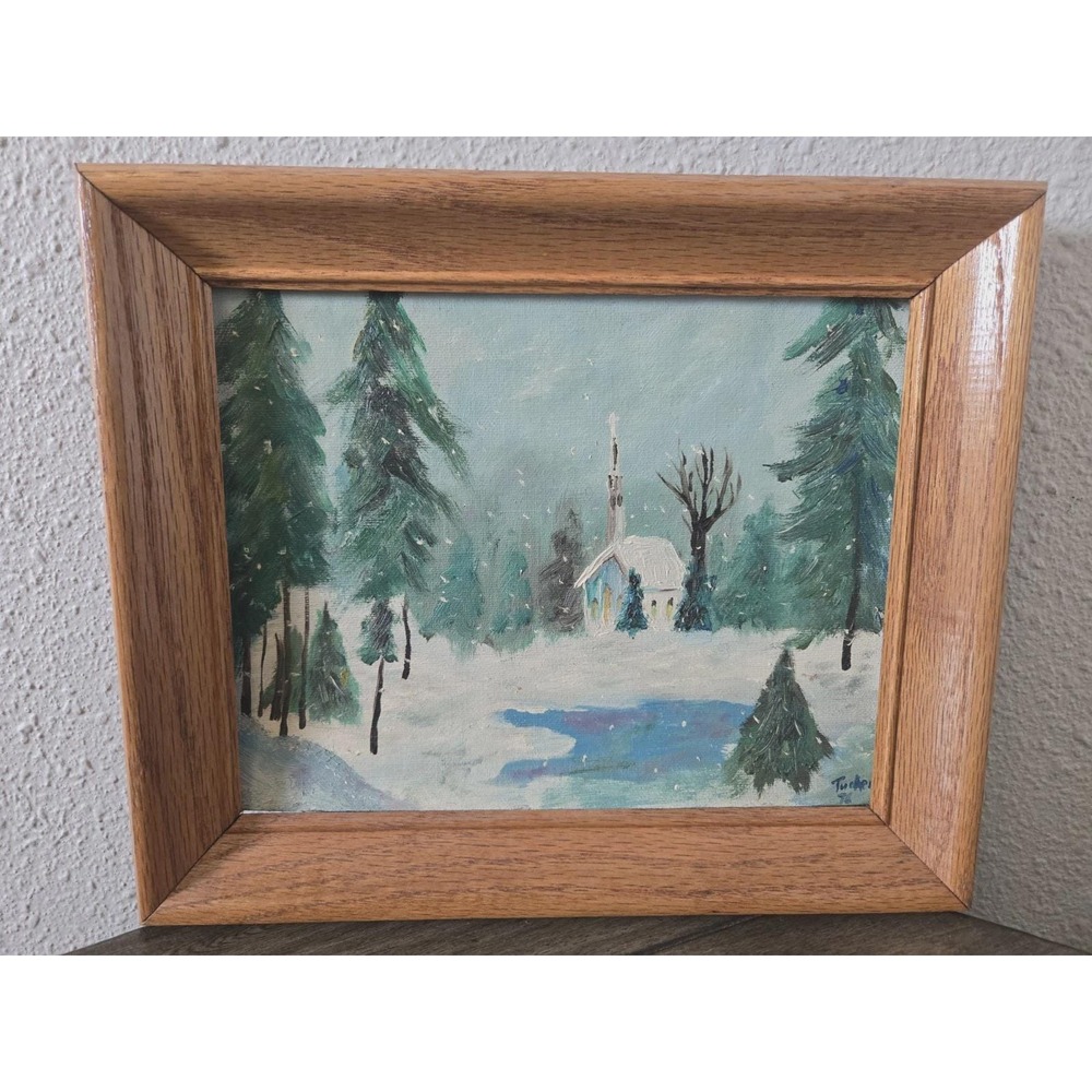 Vintage Winter Landscape Painting Signed Original Framed Snowy Church 12" X 10"